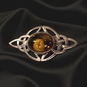 Vintage Sterling Silver Celtic Brooch‎ with Baltic Amber Cabochon Art Nouveau